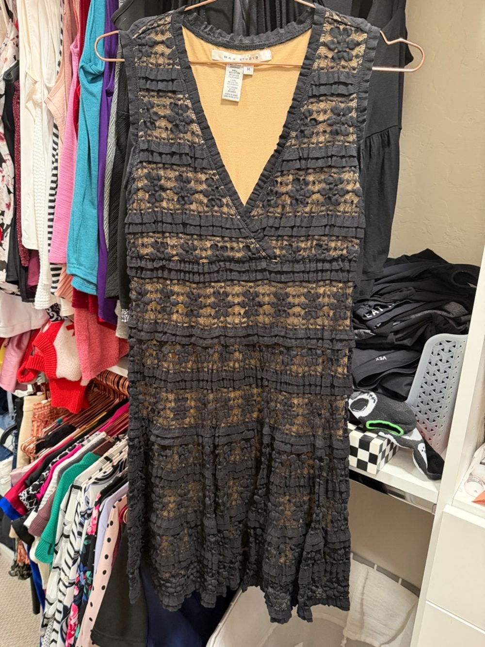 Max Studio Black Lace Midi Dress with Nude Lining